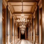 Grand chandelier-lit hallway, luxury interior